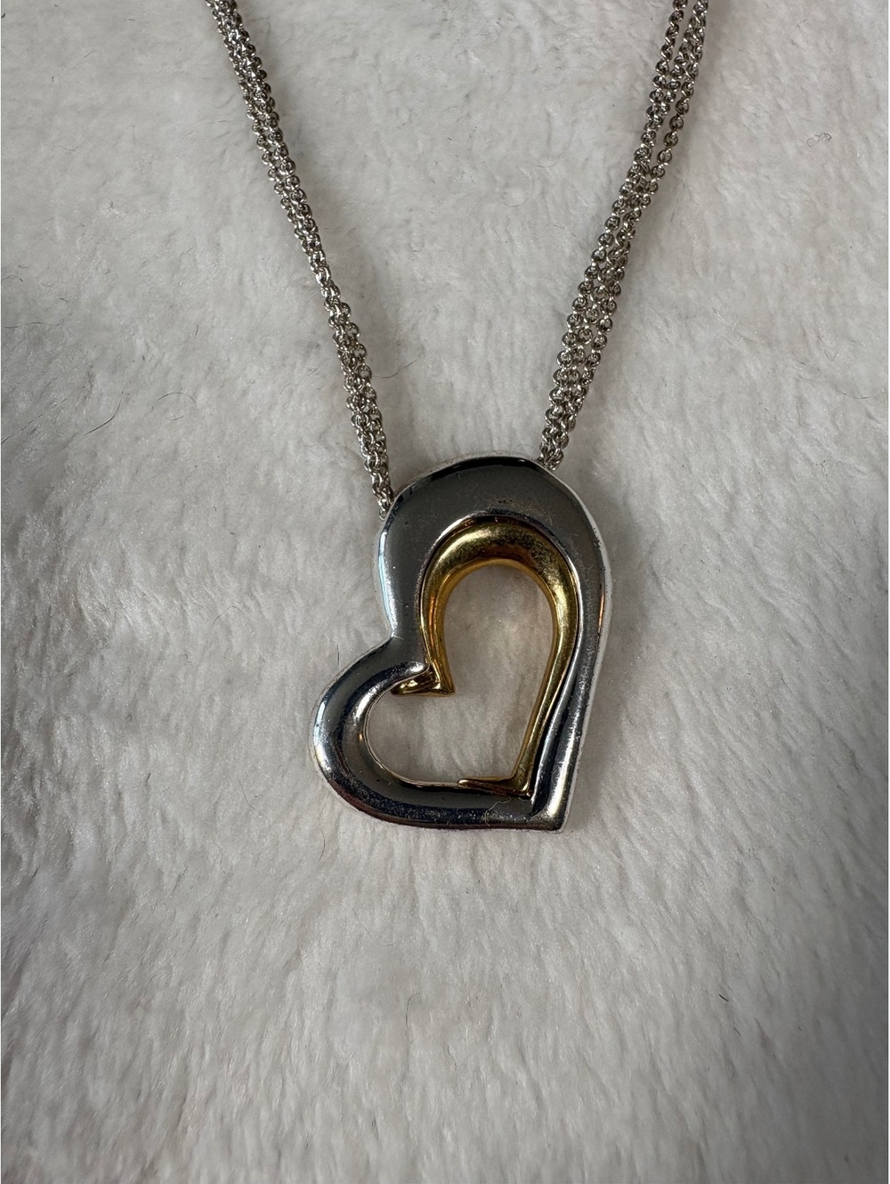Vtg Two-Tone Open Heart Pendant Necklace Sterling Silver Gold Accent Mesh Chain